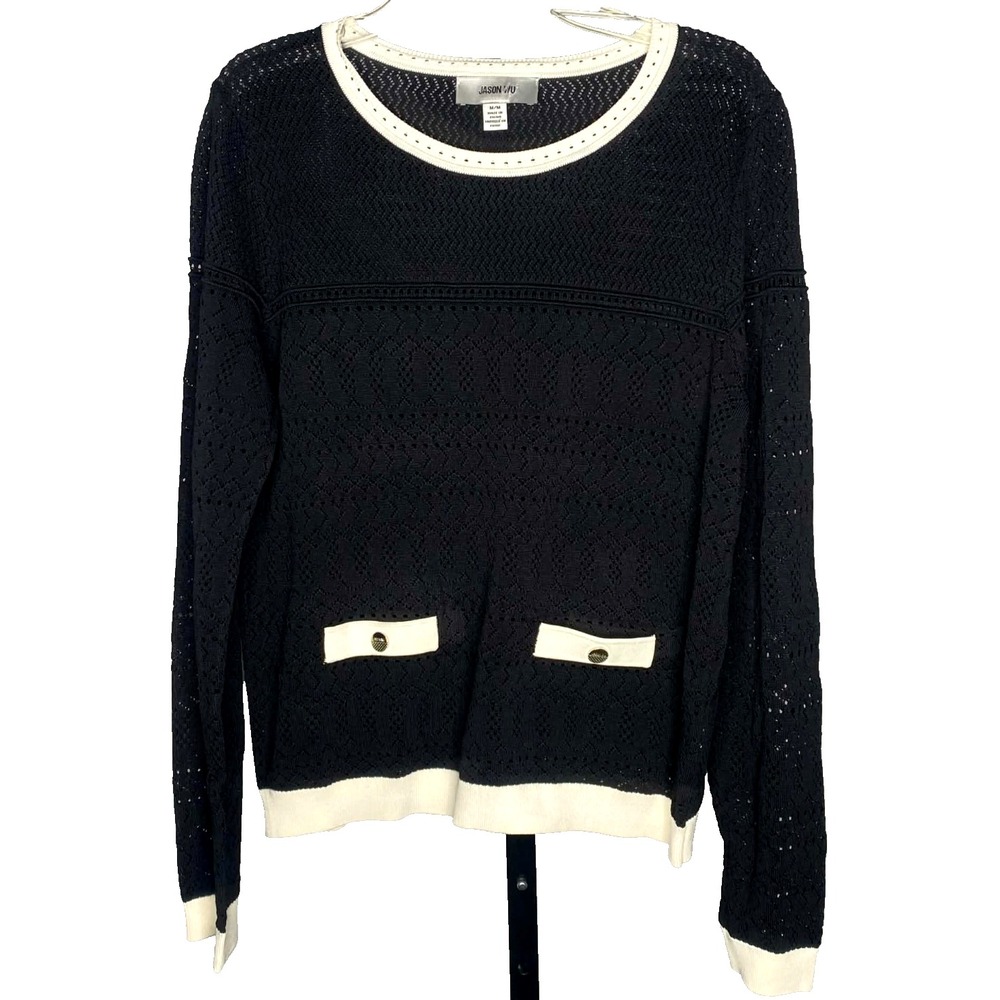 Jason Wu Women's Black and White Crochet knit Long Sleeve luxury Blouse Size Med